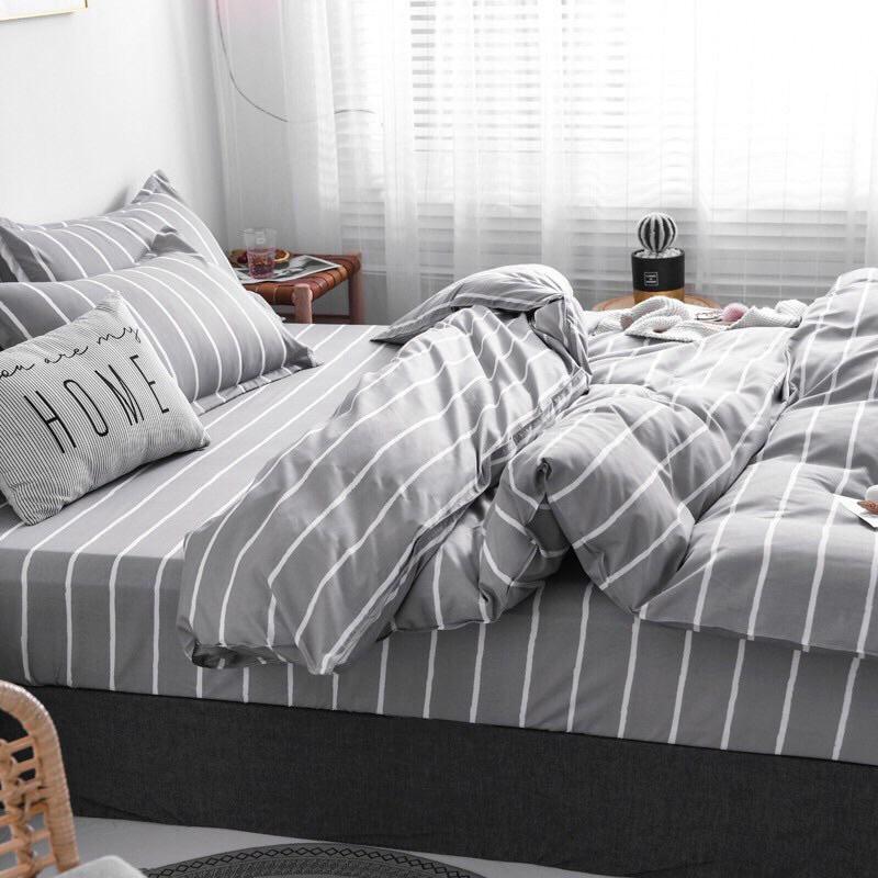 Bộ chăn ga gối cotton fly Hàn quốc họa tiết kẻ xám