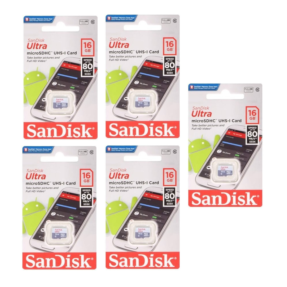 Bộ 5 thẻ Nhớ Micro SDHC SanDisk UHS-1 16GB Class 10 - 80MB/s - Hàng Chính Hãng