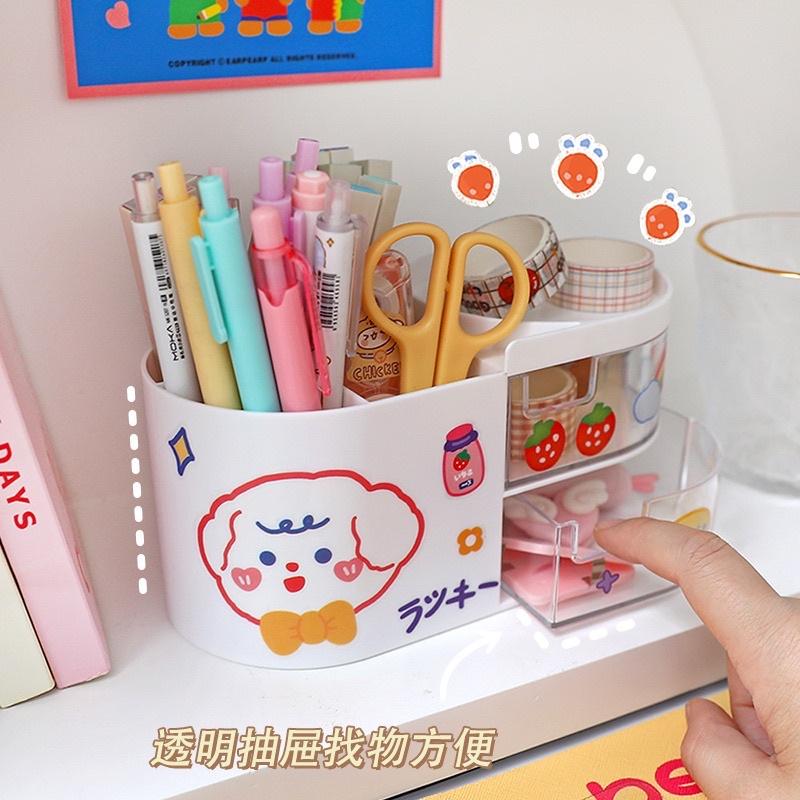 Khay kệ đựng bút đa năng để bàn hình bầu kèm Sticker decor bàn học cute - Khay cắm bút, cọ trang điểm, phụ kiện học tập