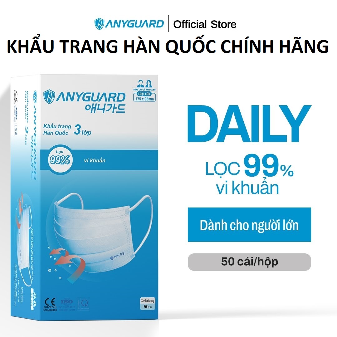 Khẩu Trang Anyguard Hàn Quốc 3 Lớp Chính Hãng - Dành Cho Người Lớn (Hộp 50 cái) - Bảo Vệ Hằng Ngày - Tiêu Chuẩn Công Nghệ Hàn Quốc - ISO 9001:2015, ISO 13485:2016, QCVN 01:2017/BTC