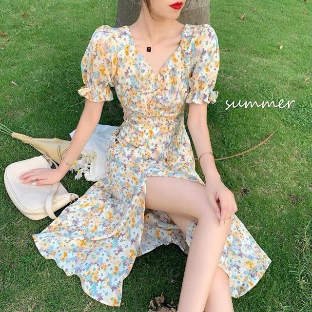 Đầm hoa xoắn ngực phối lưng bo chun