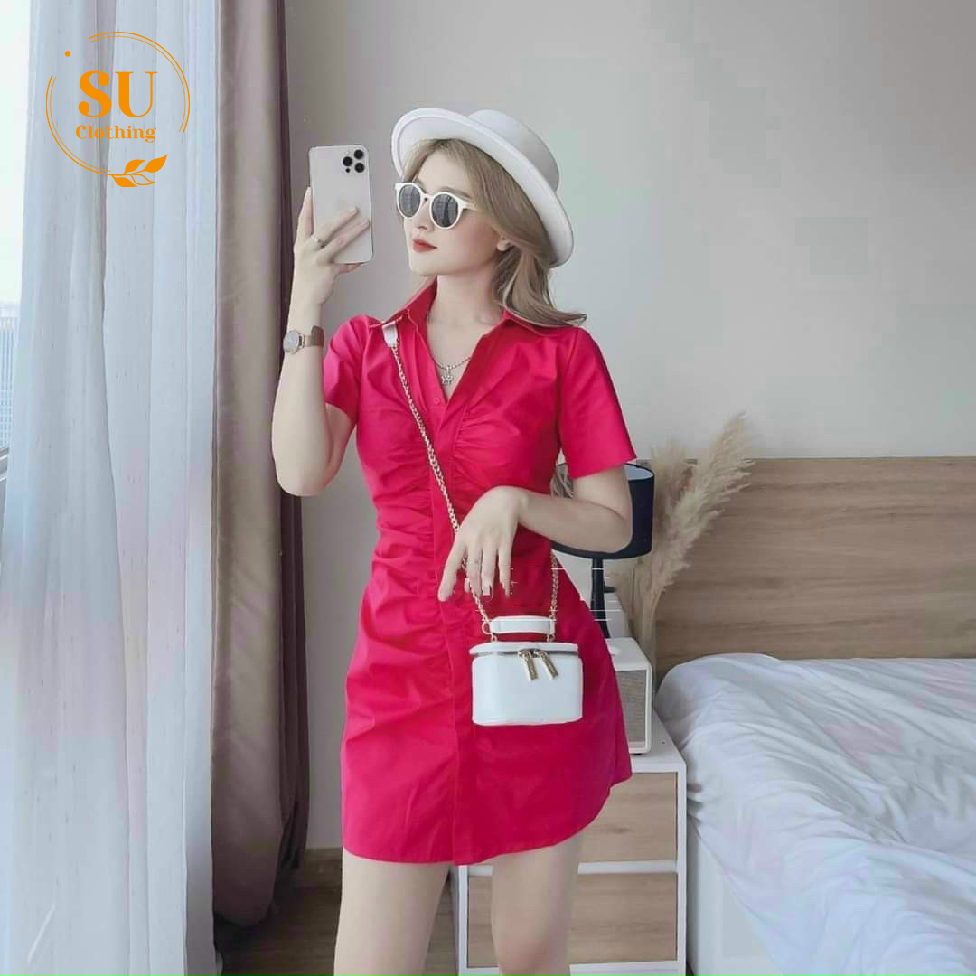 Đầm sơ mi form dài nhún gài nút Su Clothing Freesize &lt; 53kg