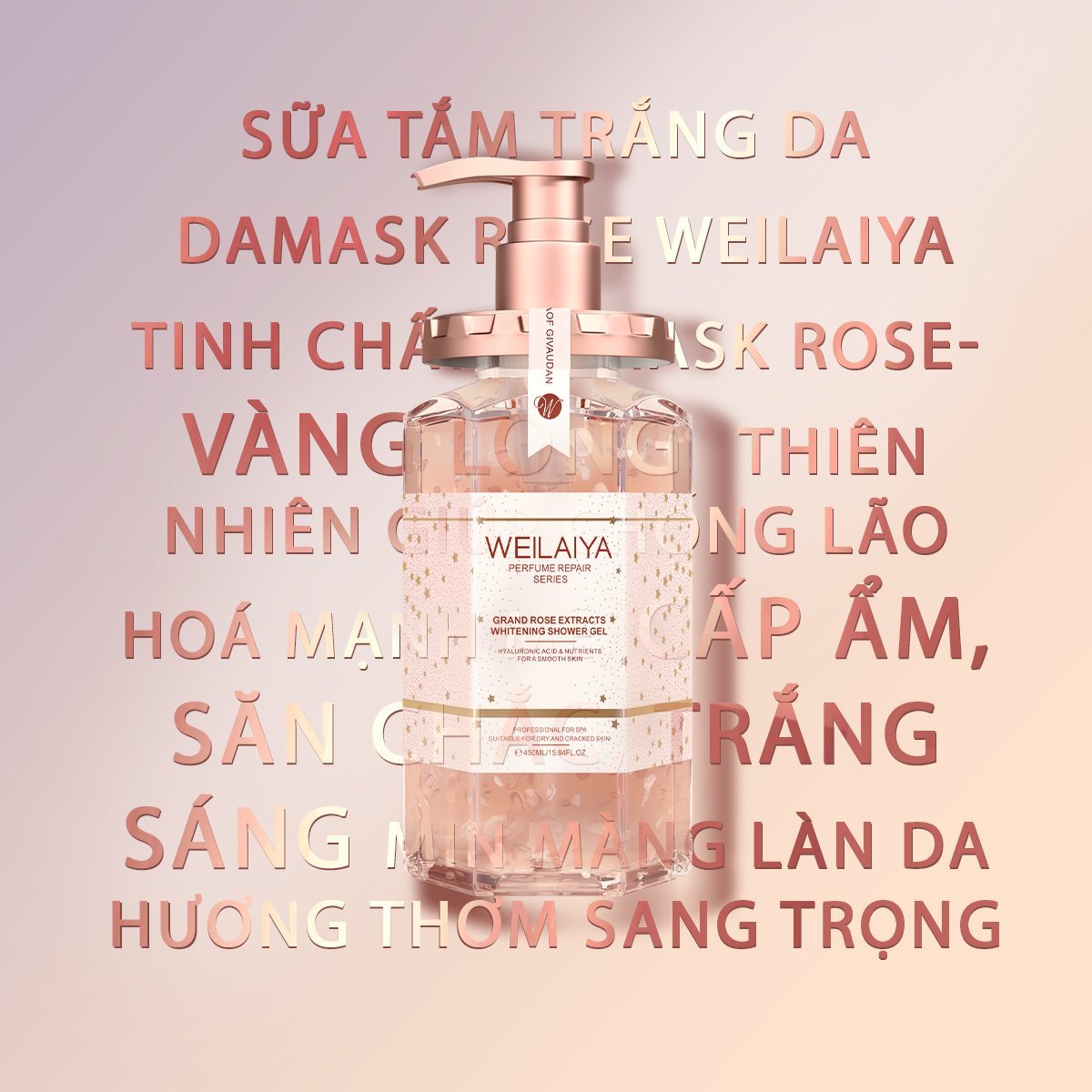 Combo 2 chai sữa tắm trắng da cánh hoa hồng Damask Weilaiya Grand Rose Extracts Whitening Shower Gel 450ml