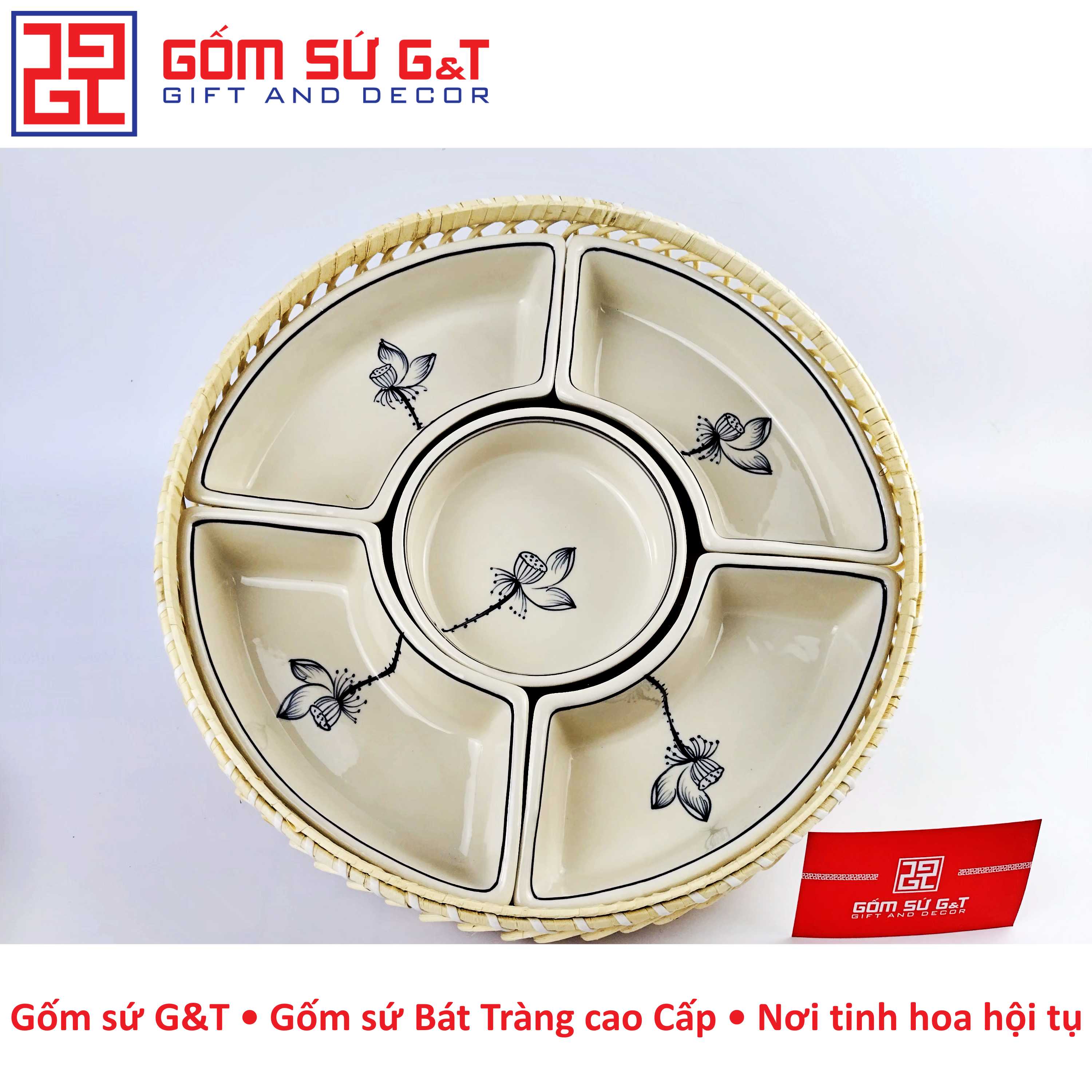 Khay mứt Tết vẽ bông sen Gốm Sứ G&amp;T