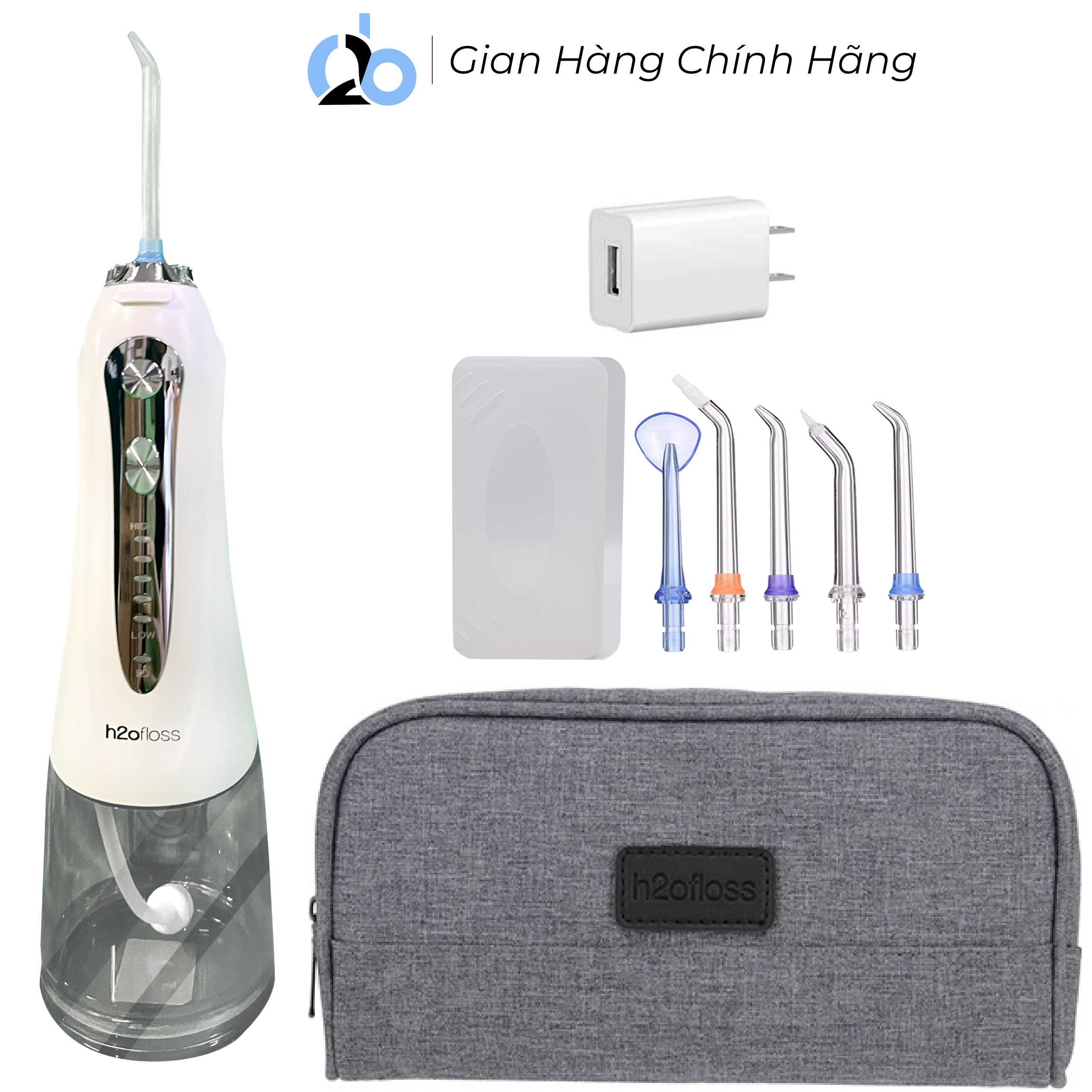 Tăm nước cầm tay H2ofloss HF-2 phiên bản nâng cấp được phân phối độc quyền với nút mở bình nước tiện lợi, tặng kèm 7 đầu tăm, củ sạc nguồn thấp - Hf9p trắng