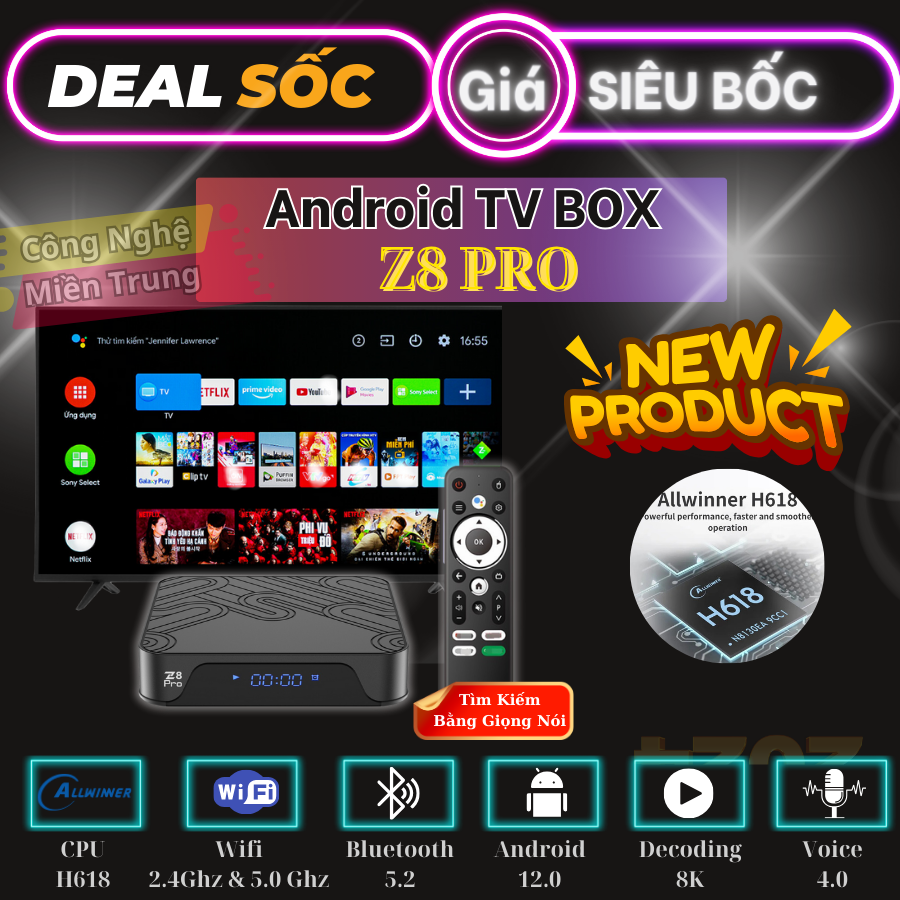 Android Tivi Box Z8 Pro - Ram 2G/16G - Android TV 12.0 - Bluetooth 5.0 - Netflix - Remote Tìm Kiếm Giọng Nói - Hàng Nhập Khẩu