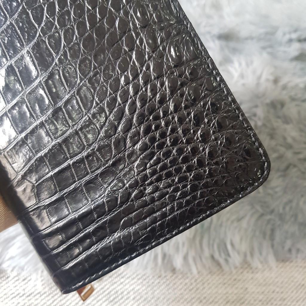 Ví Cầm Tay Cá Sấu Nữ/Nam | Ví Clutch Da Cá Sấu Da Bụng Một Khóa | Màu Đen | Da Nguyên Tấm