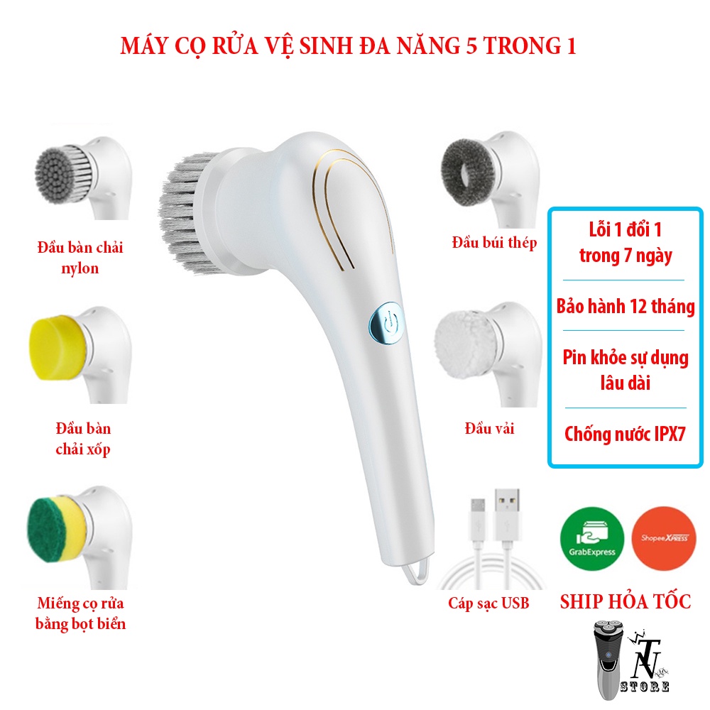 Máy Cọ Rửa Điện Cầm Tay Đa Năng RAZUNO Tặng Kèm 5 Đầu Chổi, Chống Nước IPX7, Tốc Độ 18000rpm