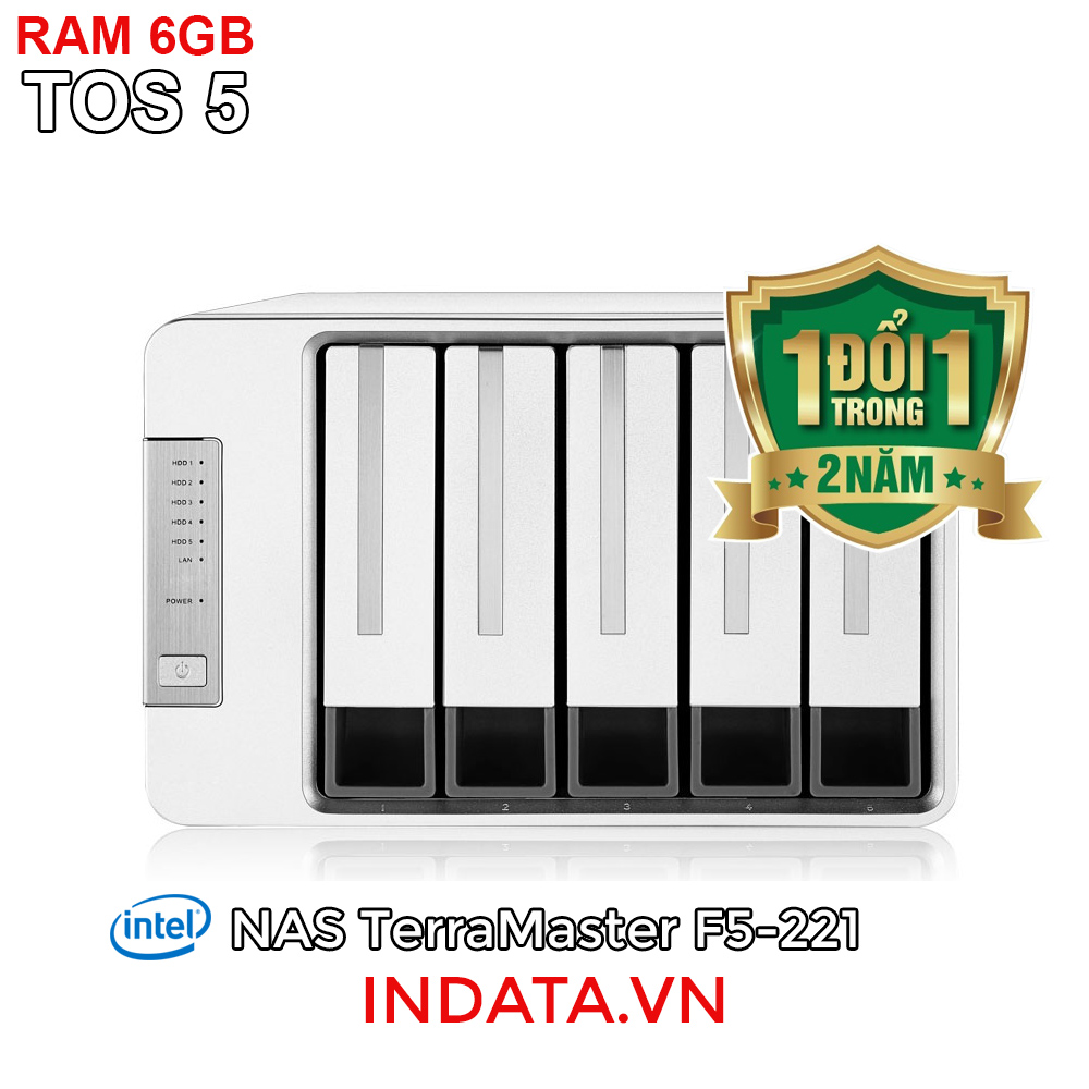 Bộ lưu trữ mạng NAS TerraMaster F5-221, Intel Dual-core CPU 2GHz, RAM 6GB, LAN 2x 1GbE, 5 khay ổ cứng RAID 0,1,5,6,10,JBOD,Single - Hàng chính hãng