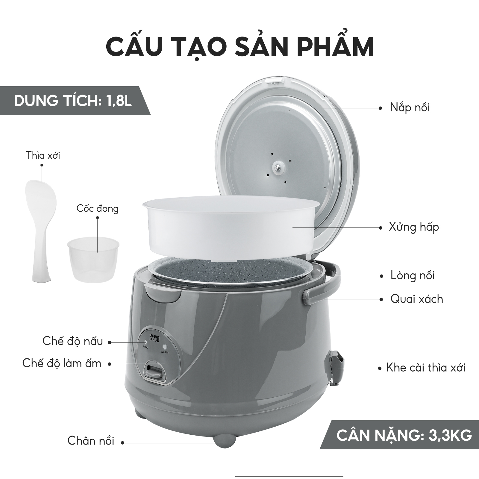 Nồi cơm điện Lebenlang LBL1936 dung tích 1800ml, công suất 700W, thiết kế đơn giản, bảo hành 2 năm - hàng chính hãng