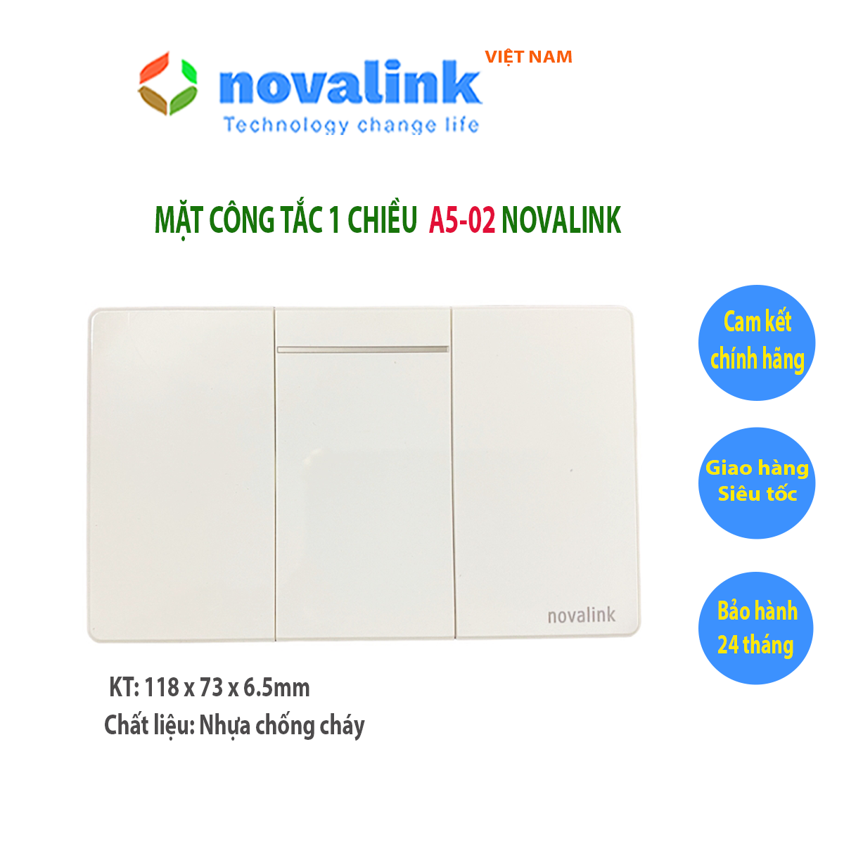 Mặt 1-2-3-4 công tắc đèn 1 chiều Novalink chính hãng, mặt nhựa chống cháy, lõi đồng dày 0.7mm. Bảo hành 24 tháng