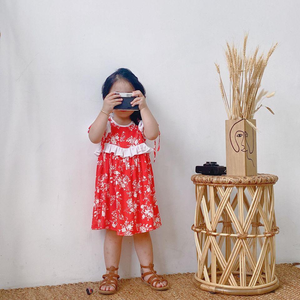 ĐẦM HOA ĐỎ TAY NGẮN PHỐI TRẮNG