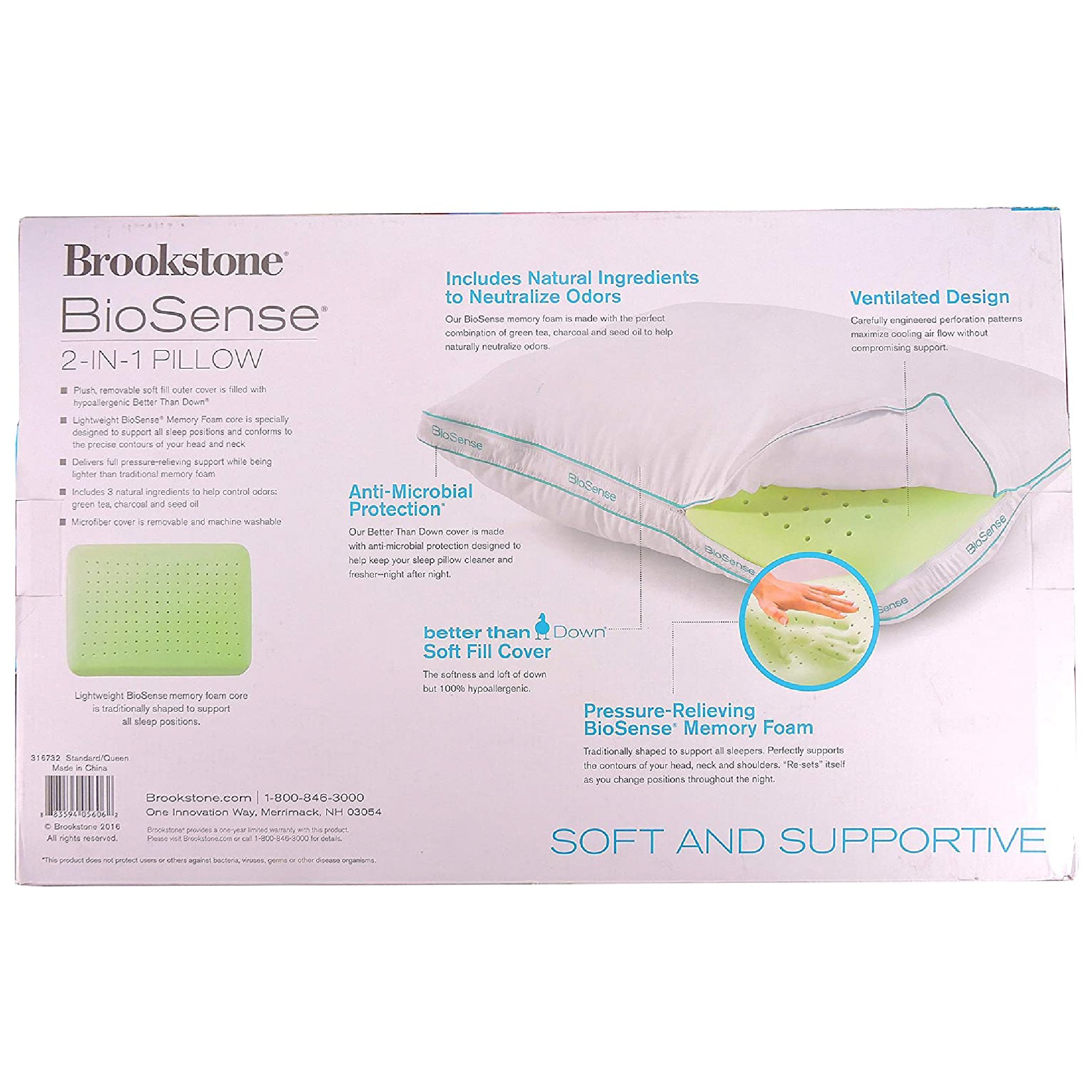 Gối Brookstone  Biosense 2in1 Queen Classic Pillow TEAL