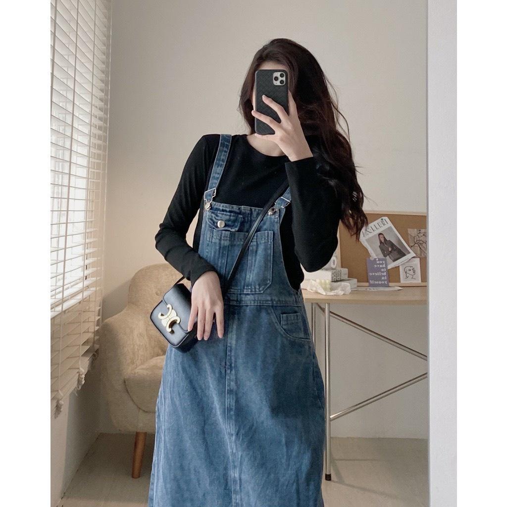Yếm jeans dáng dài EMIX, váy yếm freesize dưới 55kg, chất bò, có túi, phong cách hàn quốc