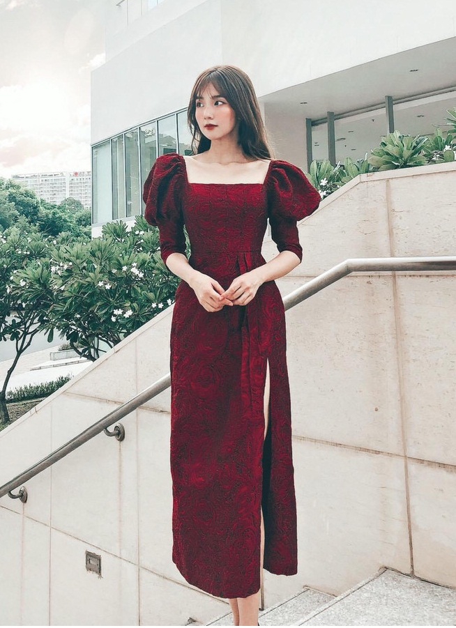 Đầm ôm body gấm lục dự tiệc tay phòng NT8272