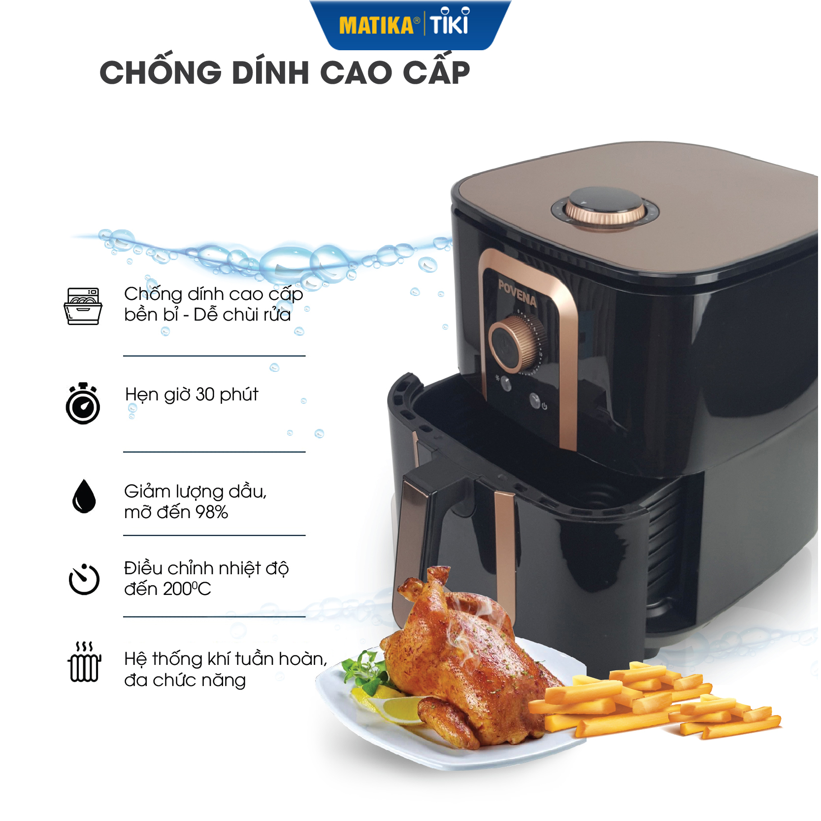 Nồi chiên không dầu POVENA dung tích lớn 6,5L công nghệ chiên cao cấp PVN-6519 - Hàng chính hãng