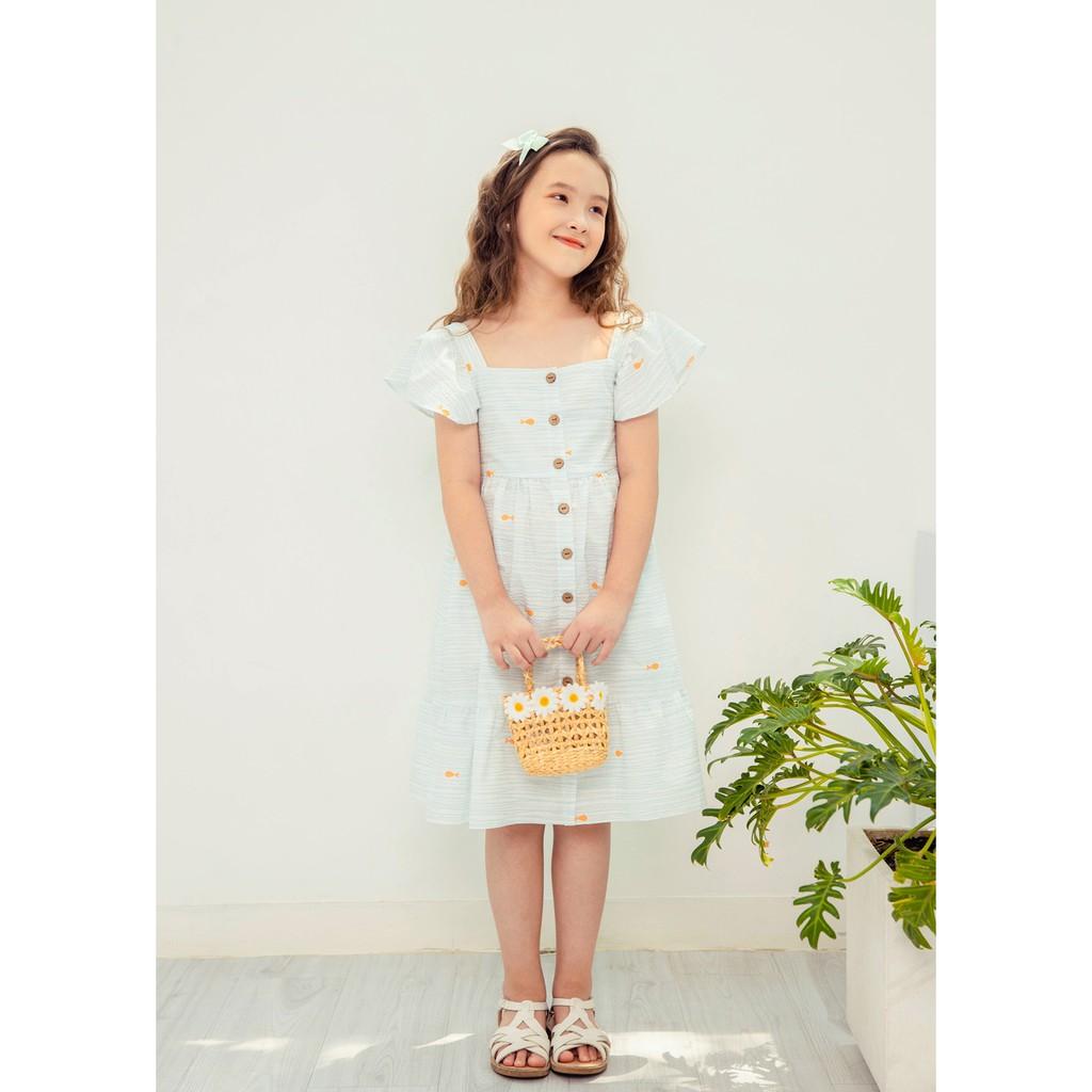 Váy đầm bé gái BYZU, chất vải cotton màu xanh biển, họa tiết cá xinh xắn