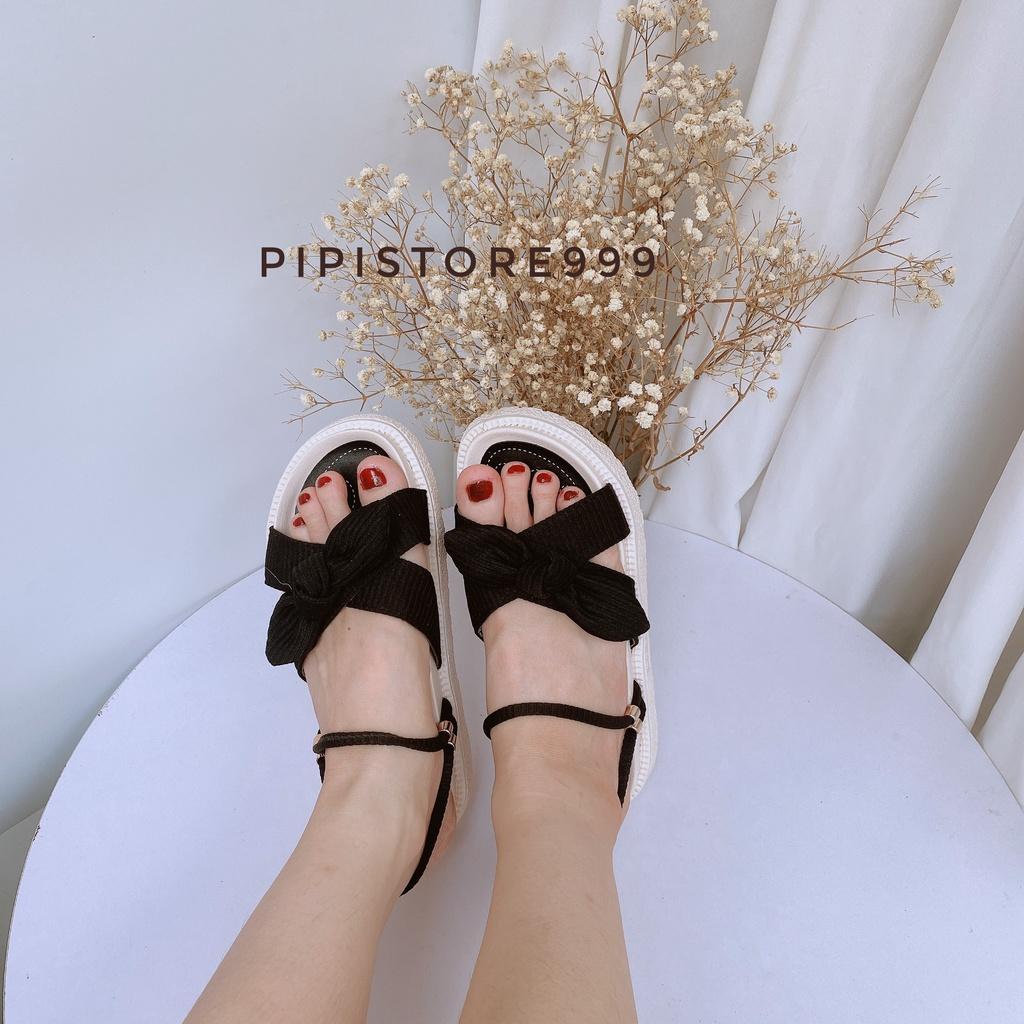 Lùi 1 sz Dép Sandal Đế Bằng Cao 4Cm Đính Nơ Da Lộn Đeo Được 2 Kiểu G146