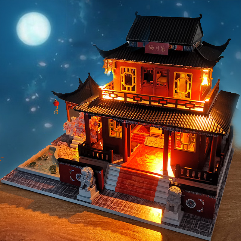 Mô hình nhà DIY Doll House Biệt phủ cổ Trung Quốc Kèm Đèn LED và Mica chống bụi