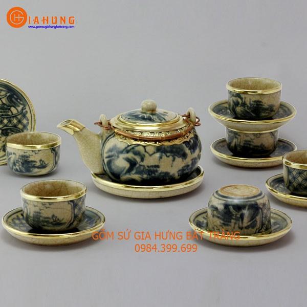 Bộ ấm chén Nhật men rạn bọc đồng gốm sứ Bát Tràng