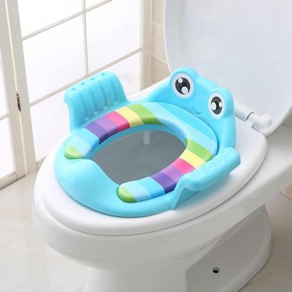 Bệ lót thu nhỏ bồn cầu hình ếch có tay vịn cho bé,bệ toilet,đệm lót bồn cầu vệ sinh cho bé