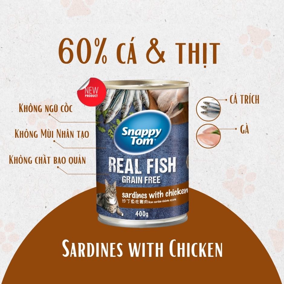 ￼Pate Snappy Tom Real Fish Grain Free cho mèo mọi lứa tuổi [ lon 400g