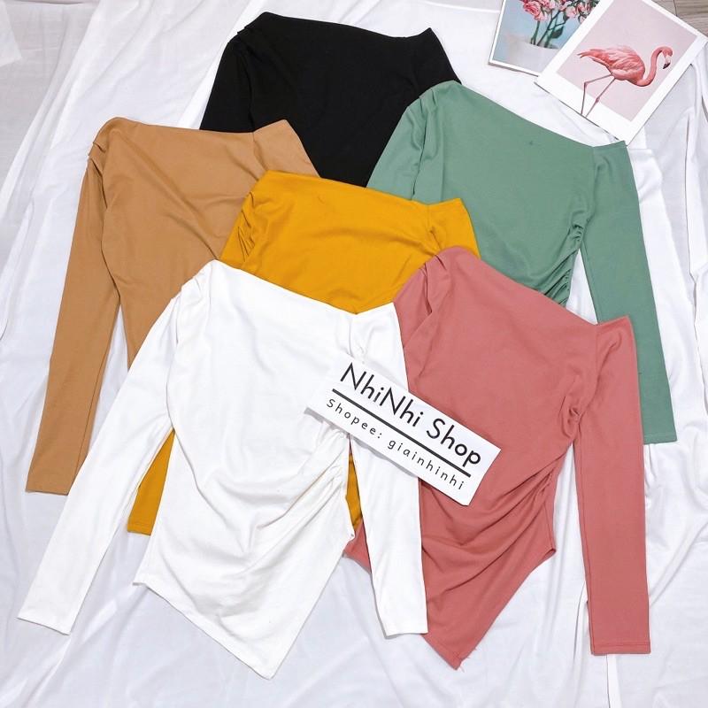 Áo thun lệch vai zúm eo vạt nhọn, Áo kiểu vạt nhọn dài tay vải conton co giãn AT1522 - NhiNhi Shop