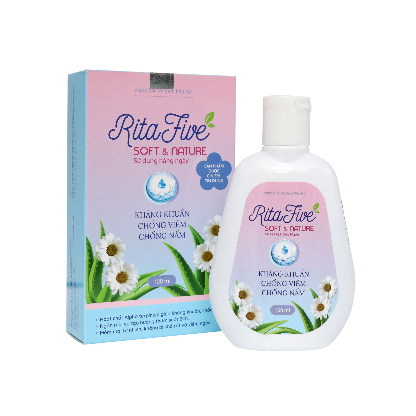 Dung Dịch Vệ Sinh Phụ Nữ Ritafive (100ml) - Mềm mại tự nhiên, ngăn ngừa viêm nhiễm, kháng khuẩn, chống nấm, ngăn mùi phụ khoa, giúp bạn tự tin trọn 24h