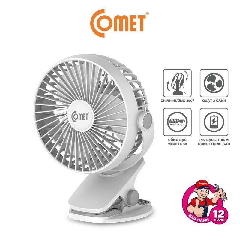 Quạt Sạc Tích Điện Mini Kẹp Bàn COMET CRF0705 5W Xoay 360 Độ pin Lithium 1800mAh hàng chính hãng