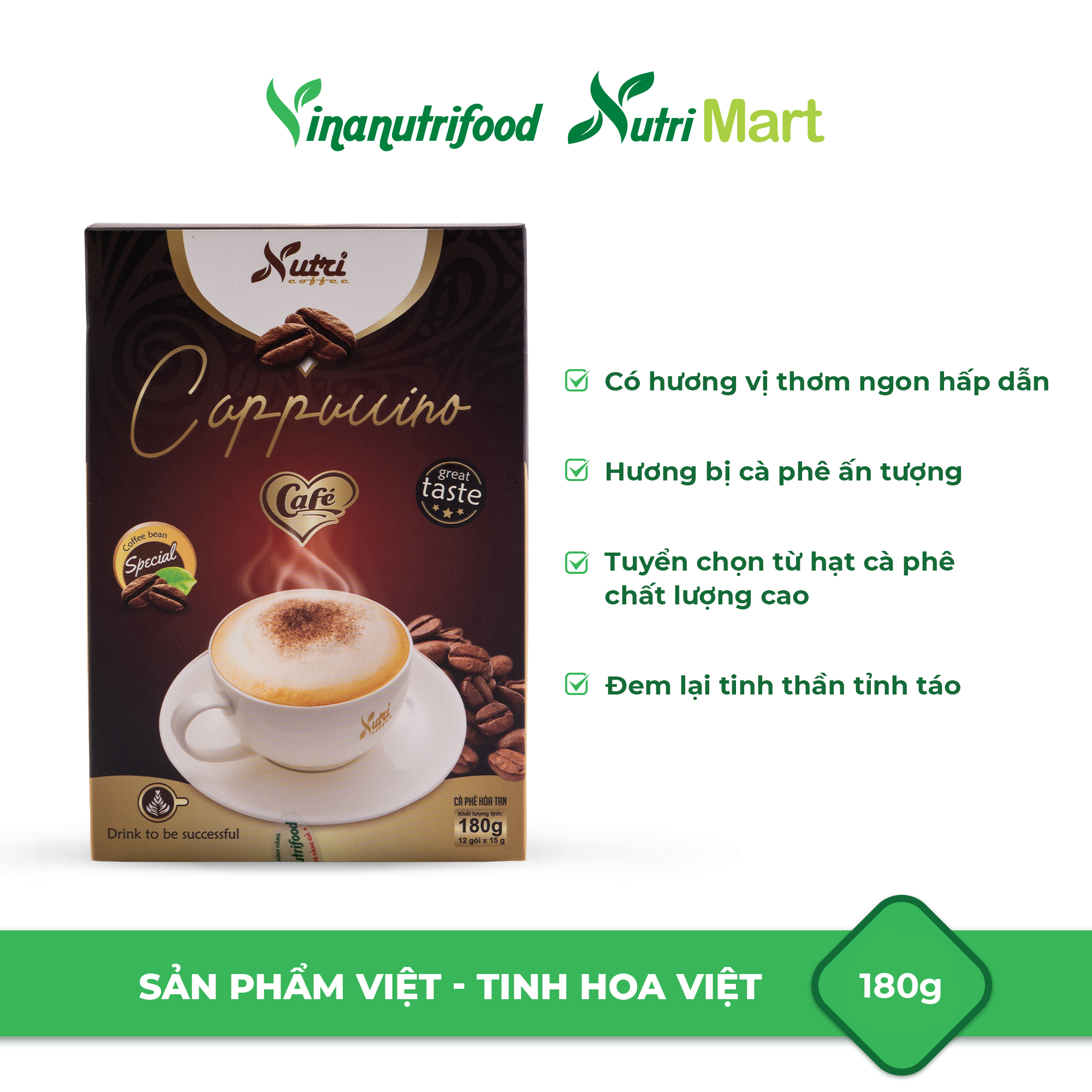 Cà phê capuchino Vinanutrifood C01, cafe thơm ngon hấp dẫn cùng vị béo ngậy tạo sự cuốn hút, giúp khơi dậy tinh thần, sự sảng khoái tỉnh táo để làm việc, học tập hiệu quả, đảm bảo an toàn thực phẩm tiêu chuẩn GMP - WHO (15g x 12 gói)