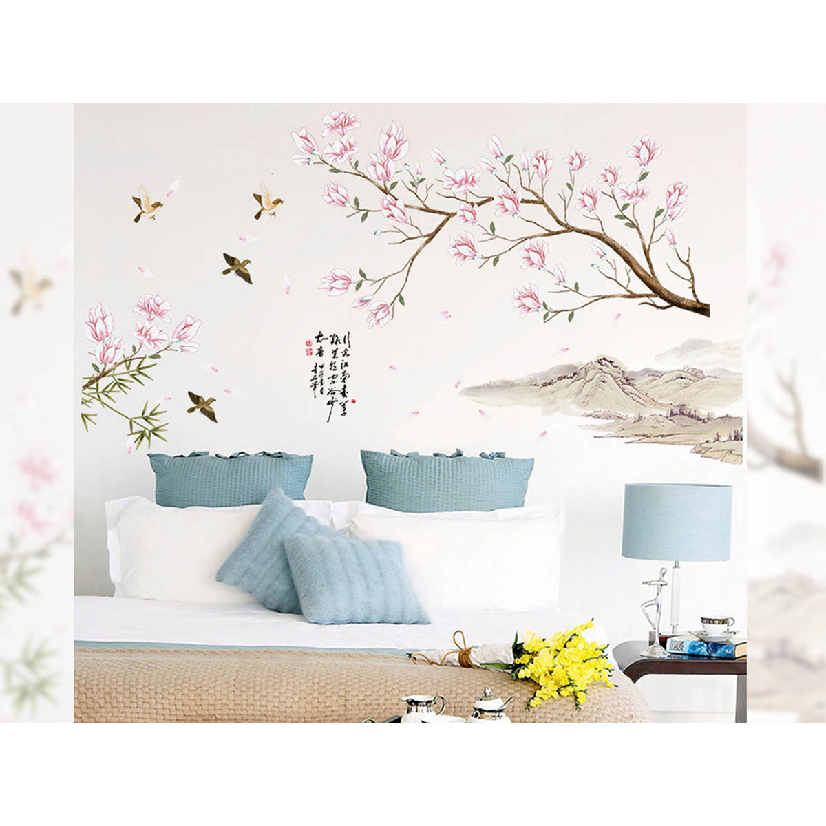 Decal trang trí tết- hoa đào phong thủy núi sông