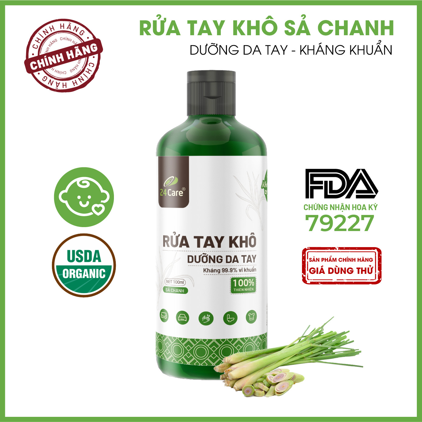 [FDA Verified] Nước rửa tay khô tinh dầu Sả Chanh 24Care diệt khuẩn - Có chứng nhận diệt khuẩn 99,9% đạt tiêu chuẩn FDA