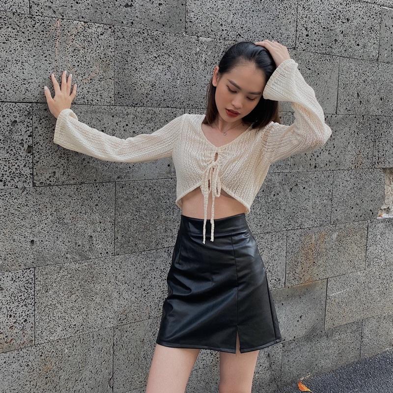 Chân váy da đen chữ A sexy REVERCLOTHINGS S M Leather Skirt