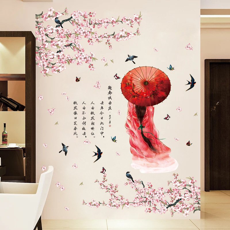 Decal dán tường hoa đào cô gái cổ trang