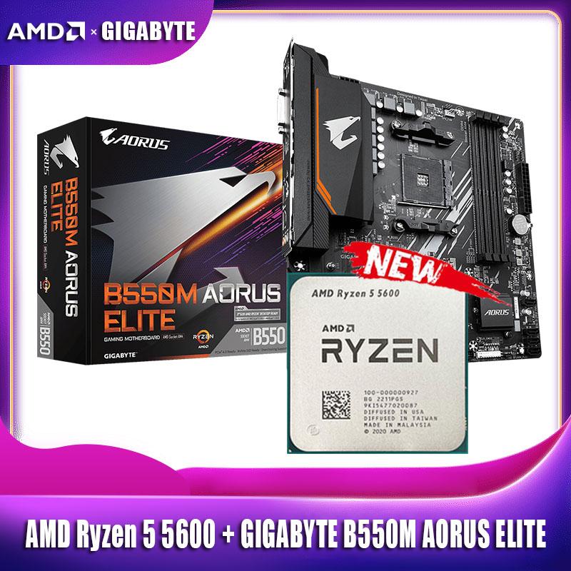 Novo Amd Ryzen 5 5600 R5 5600 CPU Gigabyte B550M Aorus Elite Bo mạch chủ Suit Suit AM4 Tất cả Bo mạch chủ Gy mới DDR4