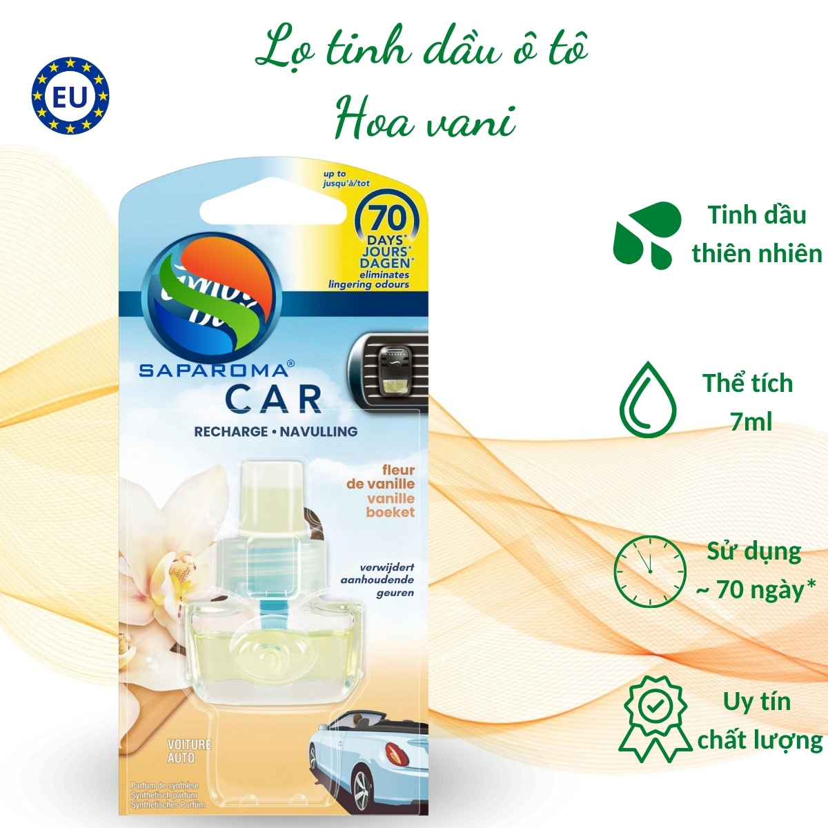 Lọ tinh dầu thơm ô tô Ambi Pur 7ml Vanille Boeket - hoa vani, cài cửa gió, hỗ trợ khử mùi, nhập khẩu Châu Âu