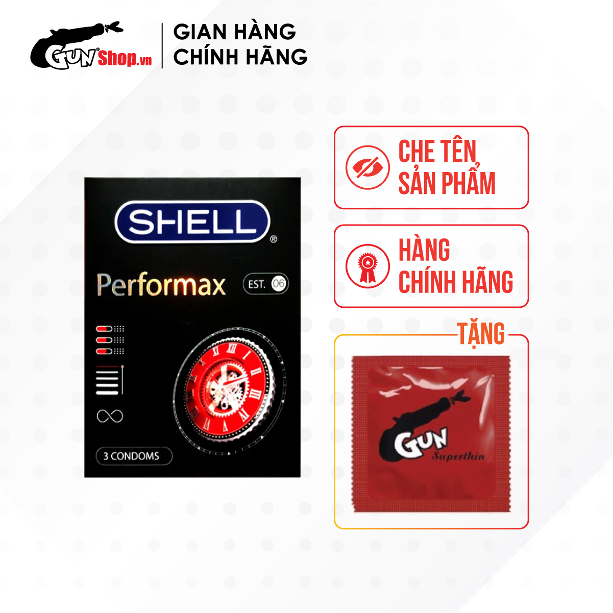 Bao cao su Shell Performax 6 in 1 - Kéo dài thời gian kèm 1 chiếc BCS Gun Super Thin
