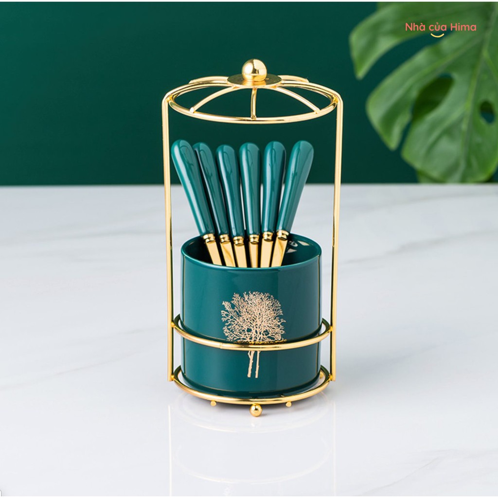 Lọ sứ đựng thìa dĩa, lọ đựng dĩa sứ xanh cổ vịt kèm 6 dĩa - giá mạ vàng sang trọng