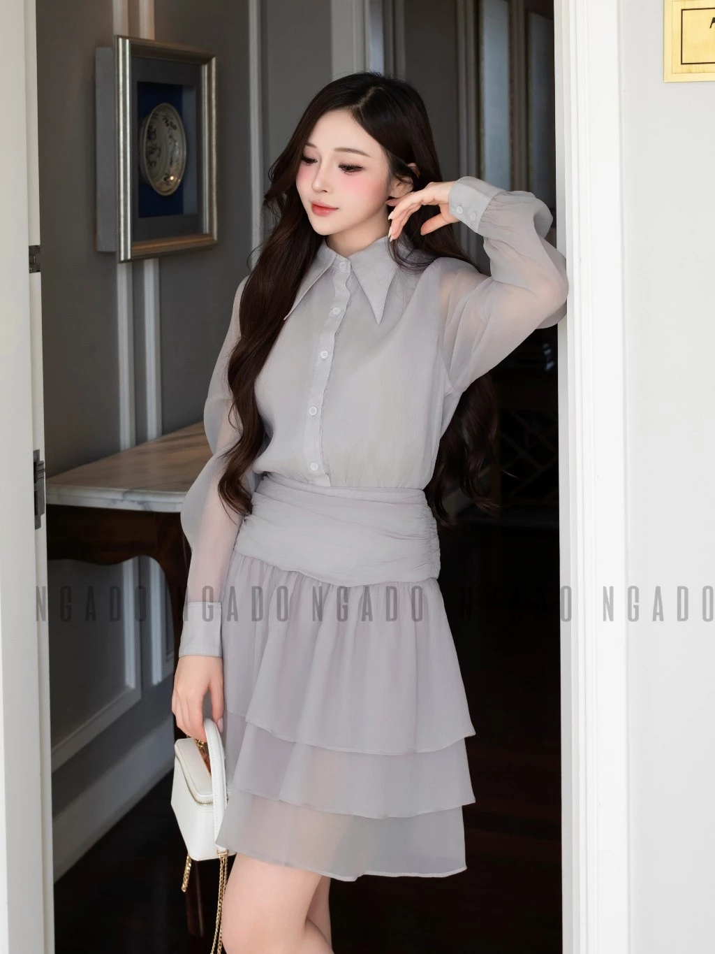 Đầm xám phối voan NGADO , đầm sơ mi , đầm dài tay