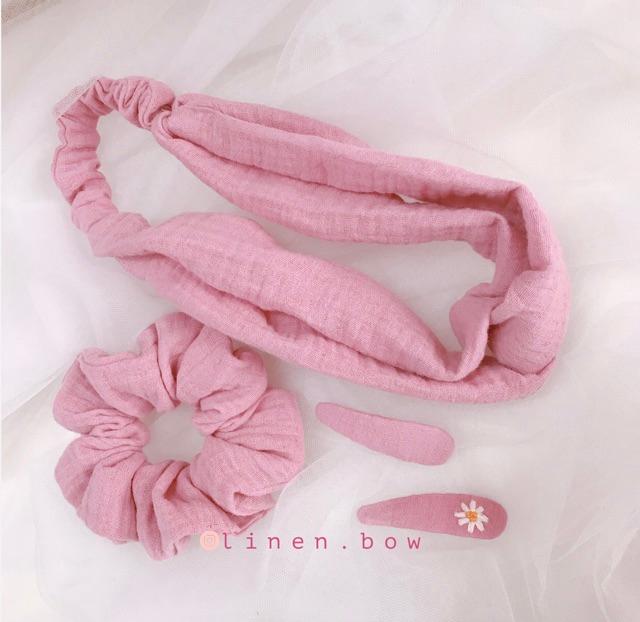 Băng đô Scrunchies Kẹp mái xô muslin hồng