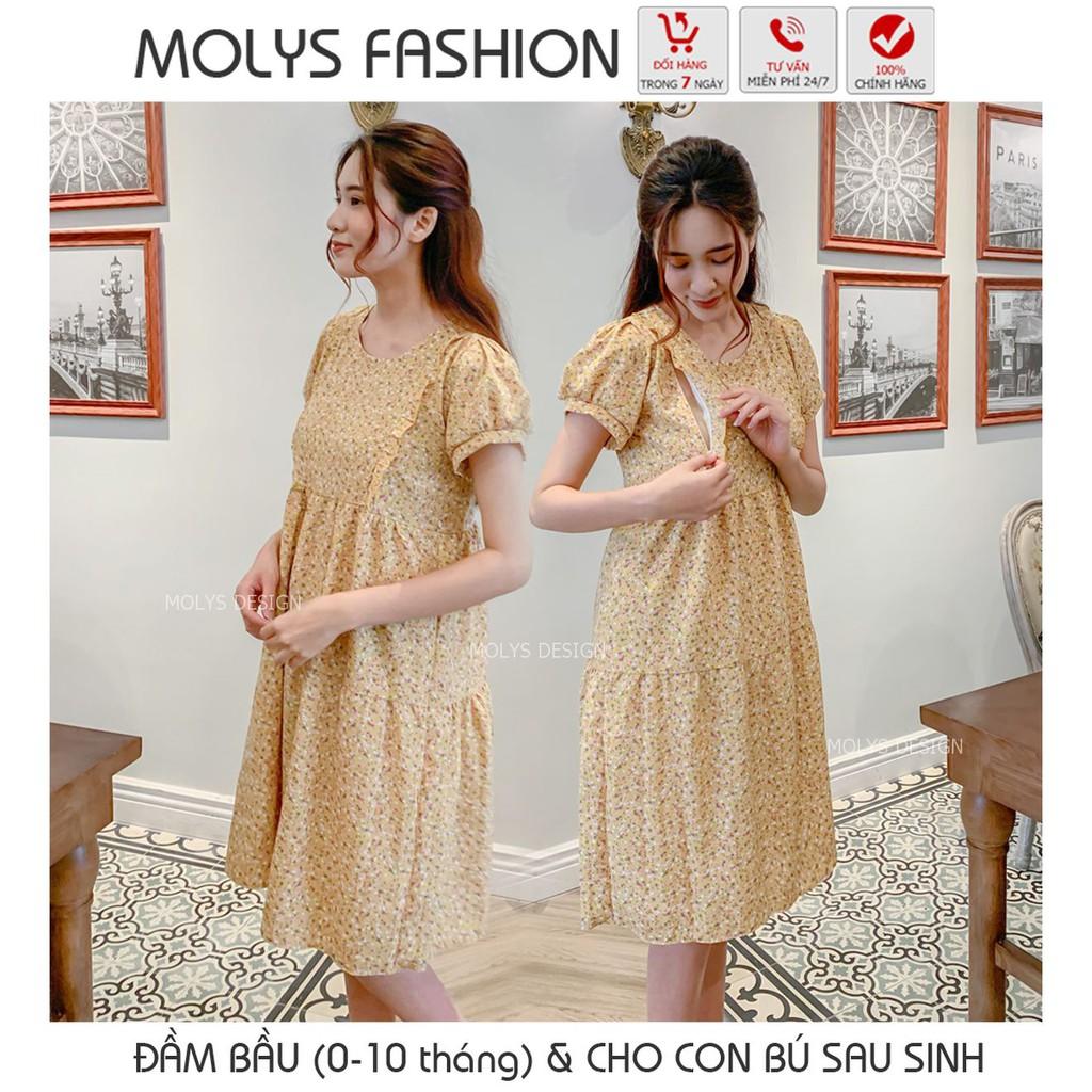 Đầm bầu kết hợp cho con bú sau sinh dáng babydoll ba tầng hoa nhí bèo ngực MOLYS VM6644 cúc điều chỉnh mặc hết thai kỳ