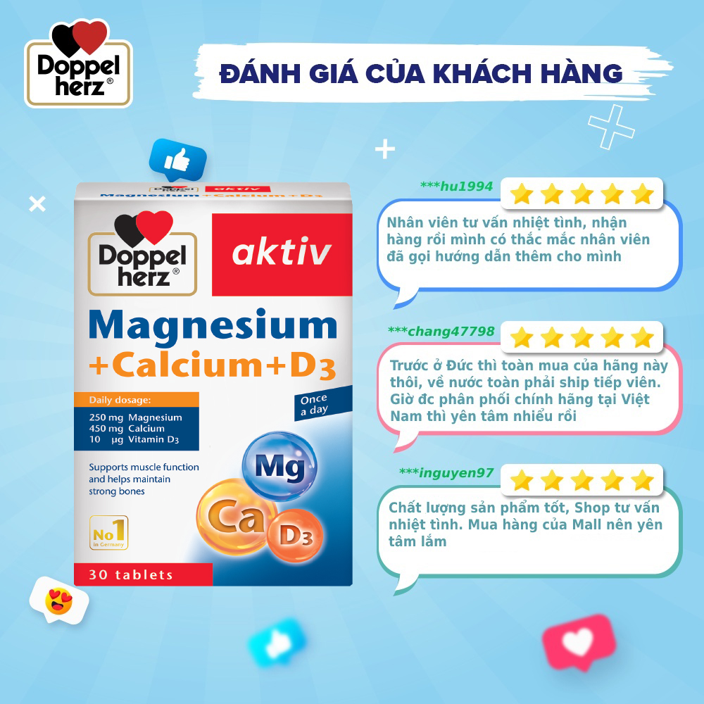 Viên uống bổ sung Canxi phòng ngừa loãng xương Doppelherz Magnesium + Calcium + D3 (Hộp 30 viên)