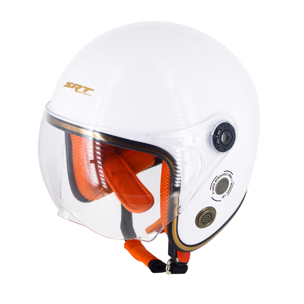 Mũ Bảo Hiểm 3/4 SRT Kính Phủ liền - viền đồng cao cấp - TRẮNG LÓT CAM