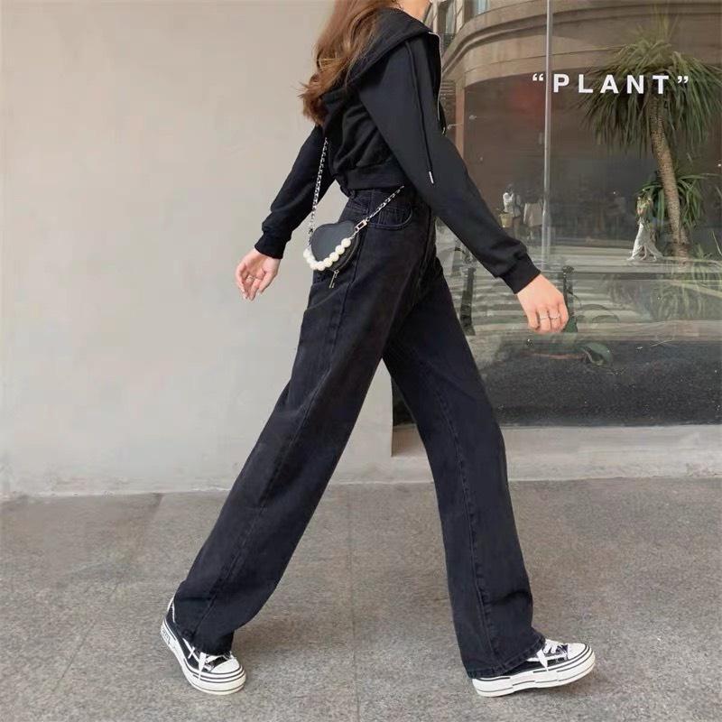 Quần Jean Ống Rộng Lưng Cao Trơn ThunderUnisex Quần Bò Ống Suông Nữ Phong Cách Ulzzang Hàn Quốc
