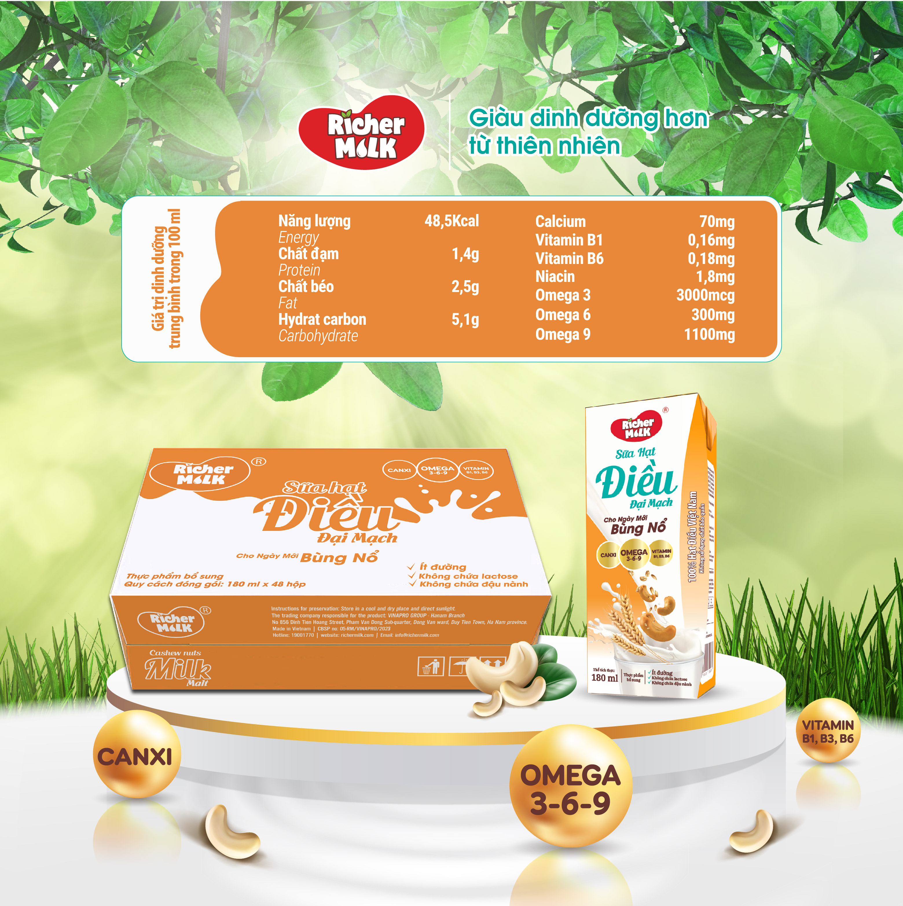 Lốc Sữa Hạt Điều Đại Mạch Richer Milk 180ml (180ml x 4)