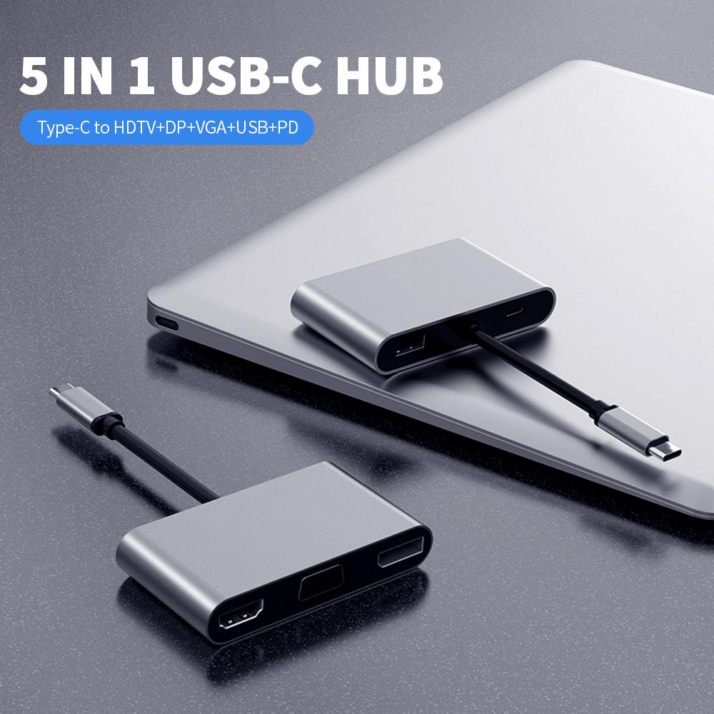 5 in 1 USB-C HUB Multi-function Adapter HDTV + VGA + DP + USB + PD Support Multi-screen Display Grey