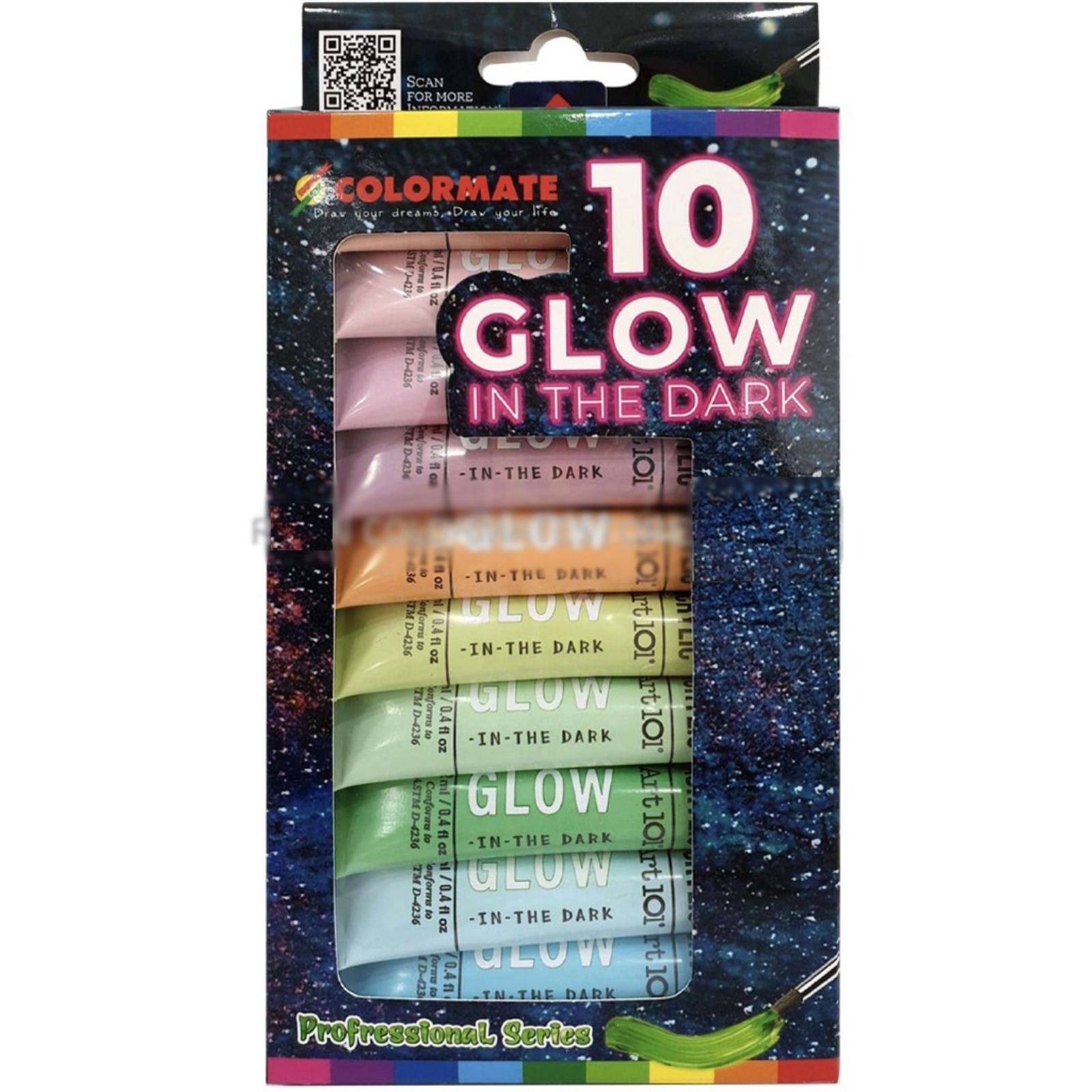 Hộp giấy 10 tuýp màu phát sáng Glow In The Dark Colormate