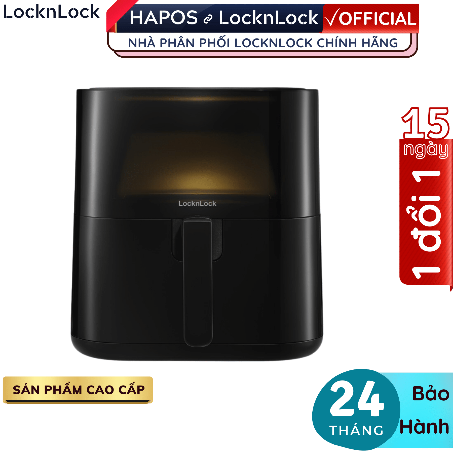 Nồi chiên không dầu Lock&Lock EJF996BLK 5.5L Visible air fryer CUBE - Hàng chính hãng, cửa sổ trong suốt - Hapos
