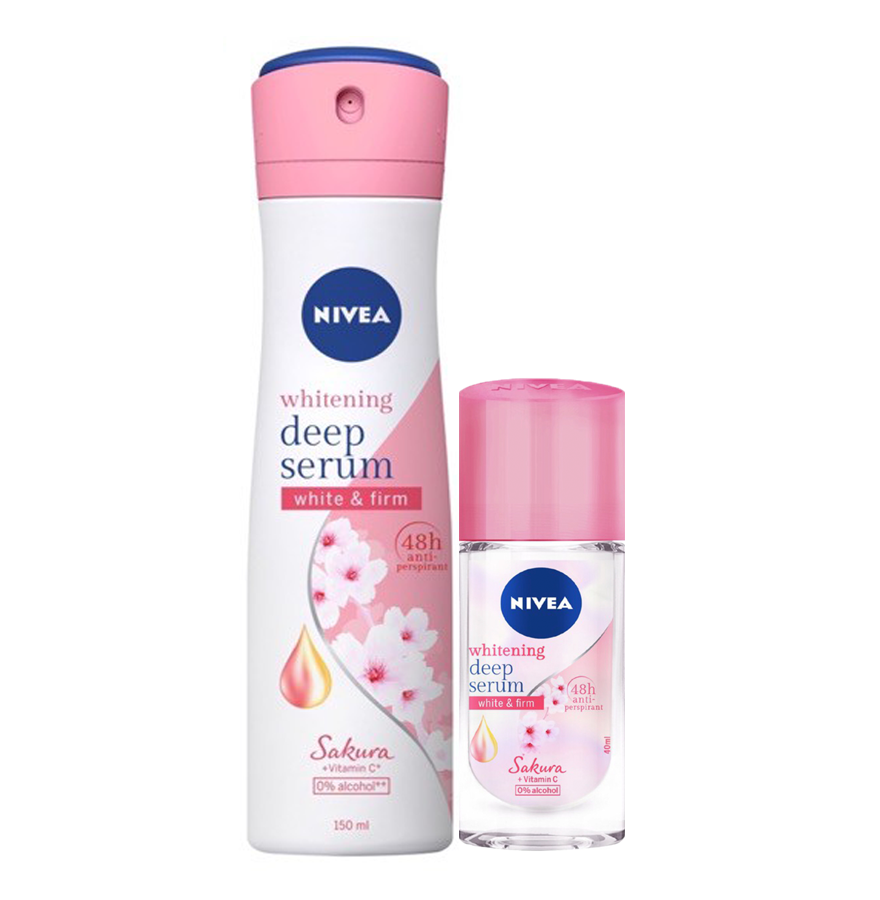 Bộ Đôi Xịt và Lăn Ngăn Mùi Nivea Serum Trắng Mịn Hương Hoa Anh Đào Sakura (150ml+40ml)