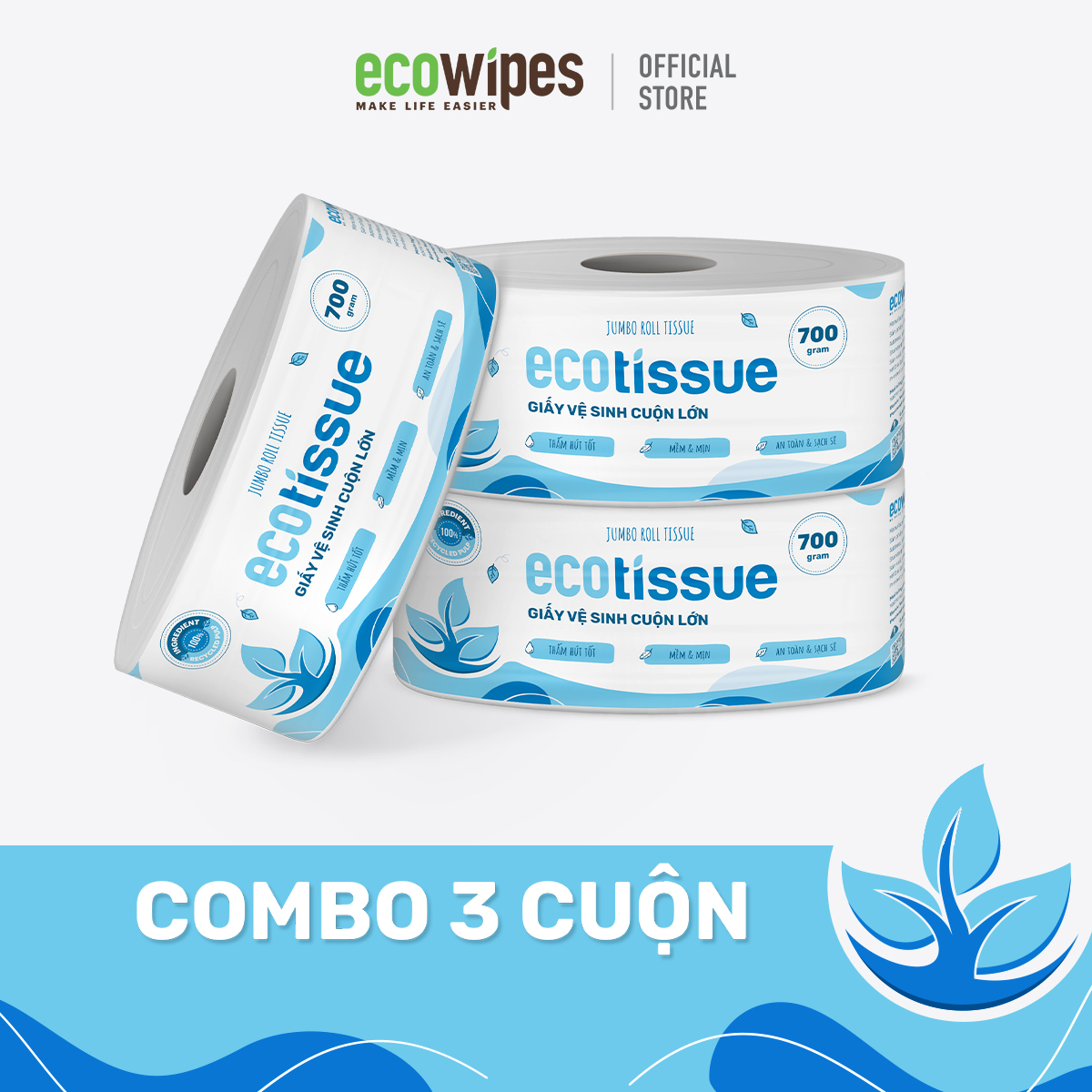 Combo 3 cuộn giấy vệ sinh giấy cuộn cao cấp Ecotissue cuộn lớn 700gr thấm hút tốt mềm mịn an toàn sạch sẽ